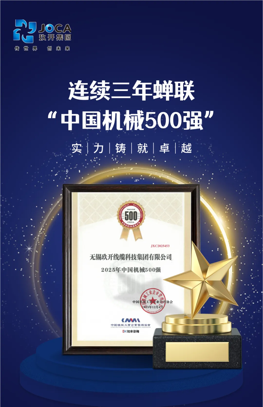 玖开集团陆续三年荣登“中国机械500强” 综合实力再获权威认可